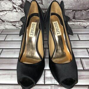BADGLEY MISCHKA Black Satin Peep Toe High Heel Pumps SZ 7.5